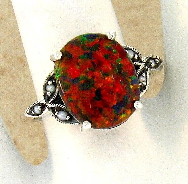 925 Sterling Silver Fire Opal & Pearl Ring Z7295