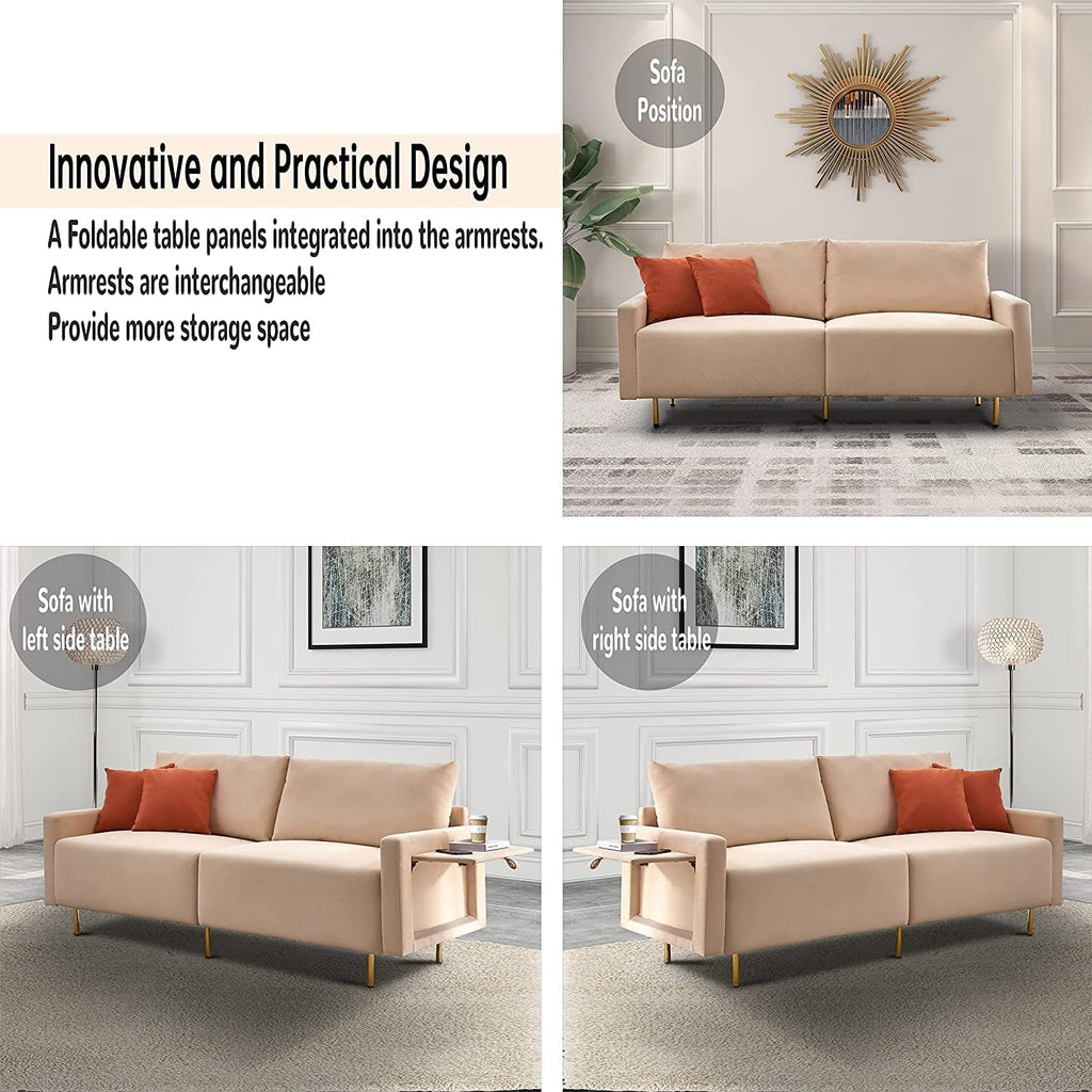Beige Fabric Loveseat Couch with Removable Tray and Adjustable Metal Legs F620