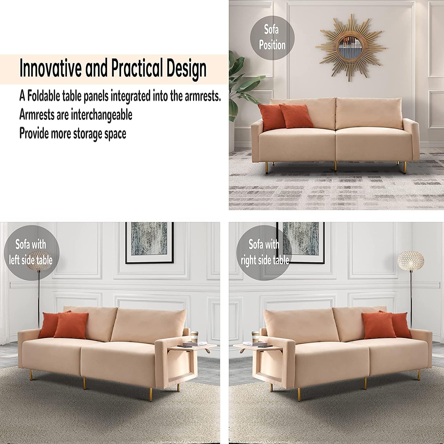 Beige Fabric Loveseat Couch with Removable Tray and Adjustable Metal Legs F620