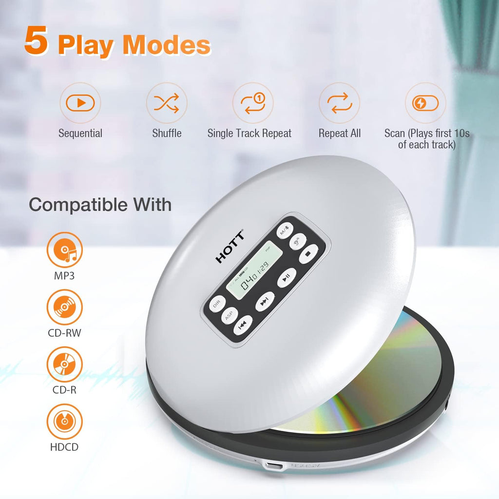 Silver Rechargeable Portable CD Player with Bluetooth V6173