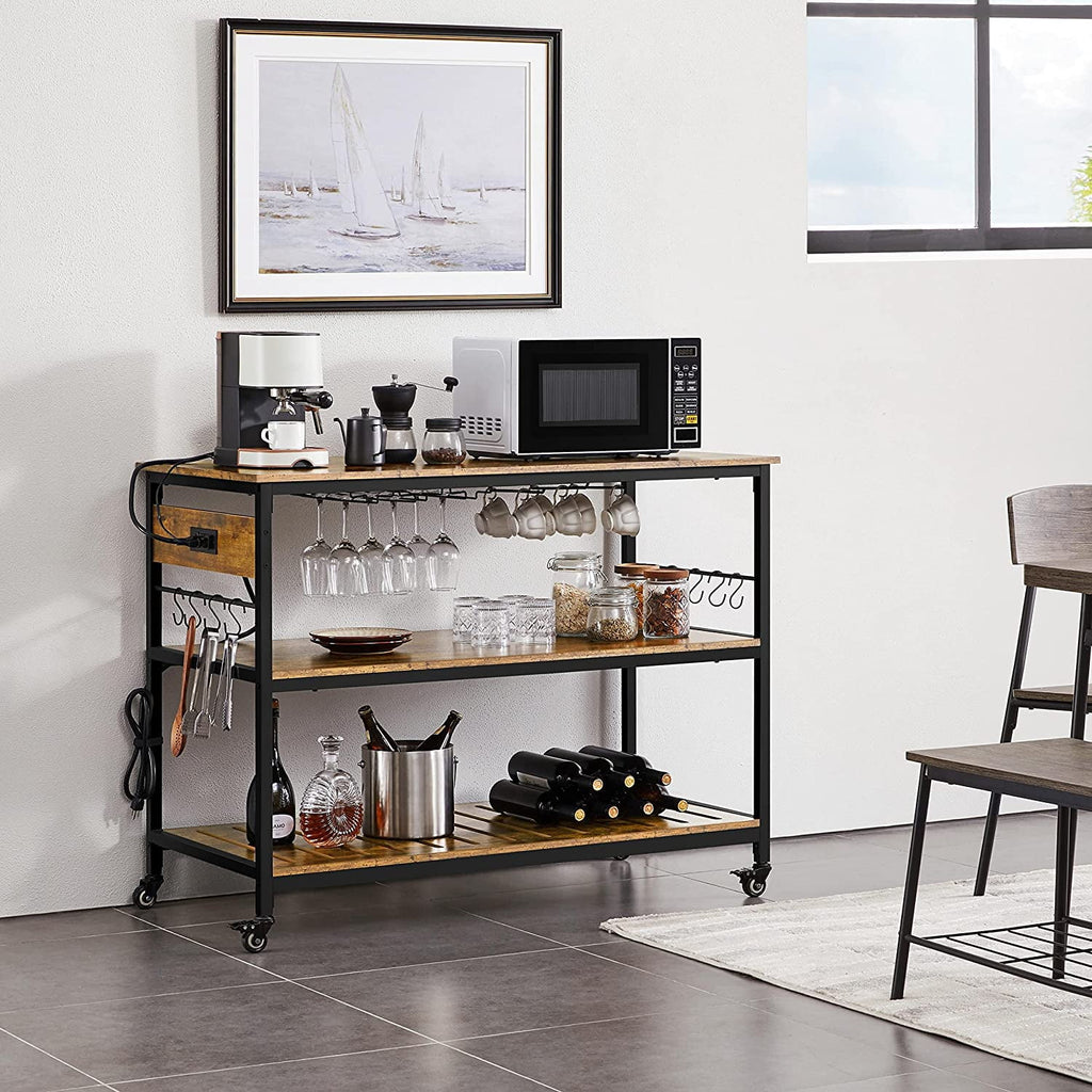 Rustic Brown Rolling Kitchen Cart with Power Outlet V959