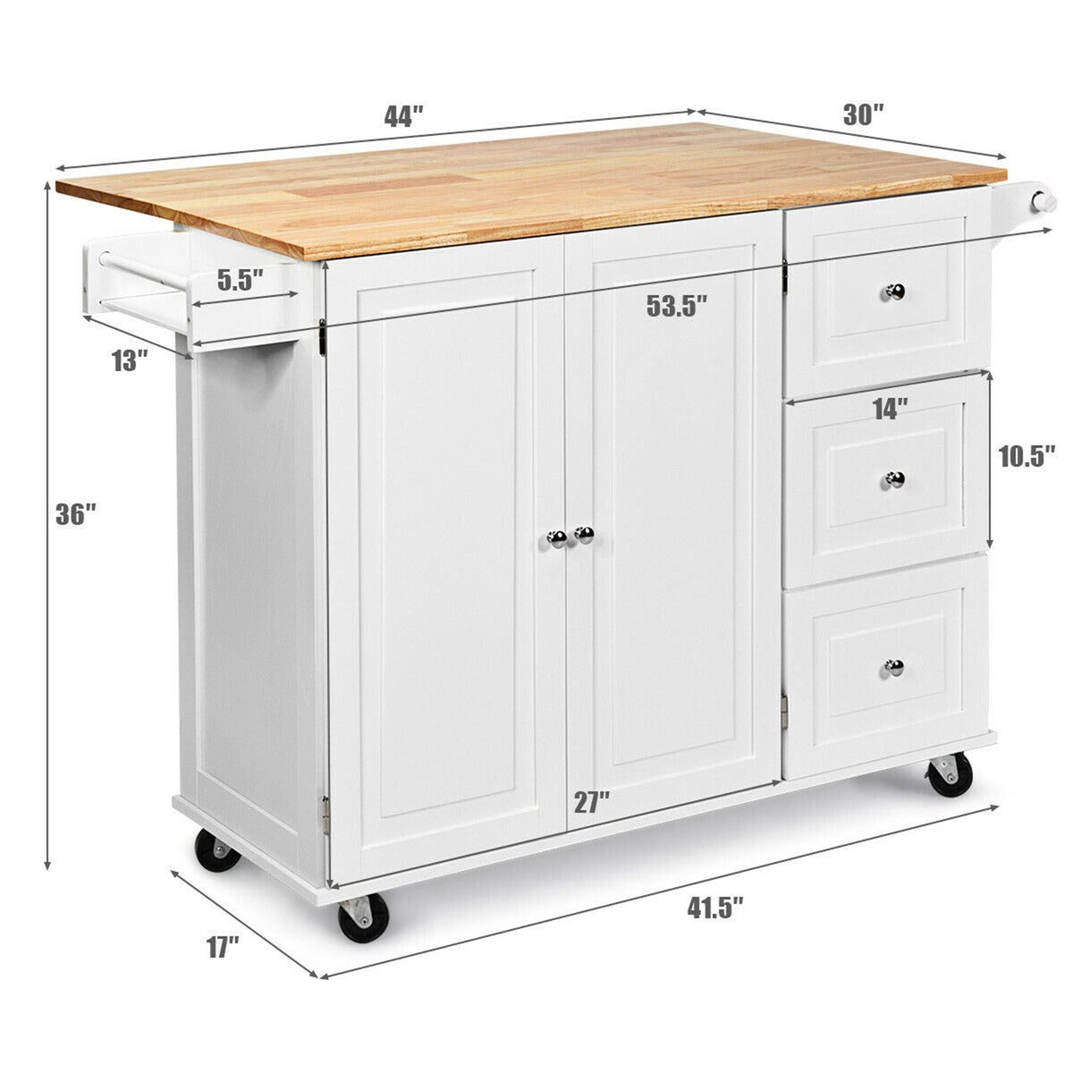 White Drop-Leaf Kitchen Island Trolley Cart Wood Storage Cabinet Q84819