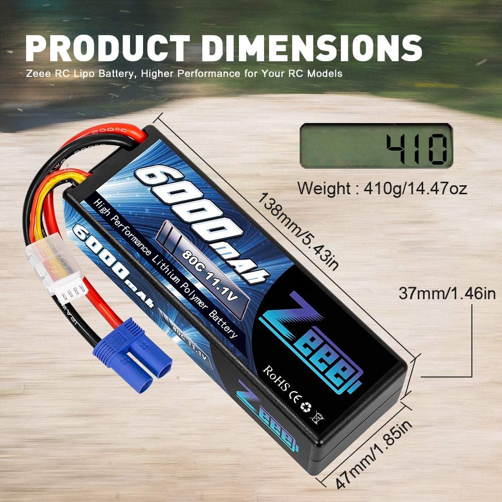 11.1V 80C 3S 6000mAh Lipo Battery Hard Case with EC5 Connector (2 Pack) T873503