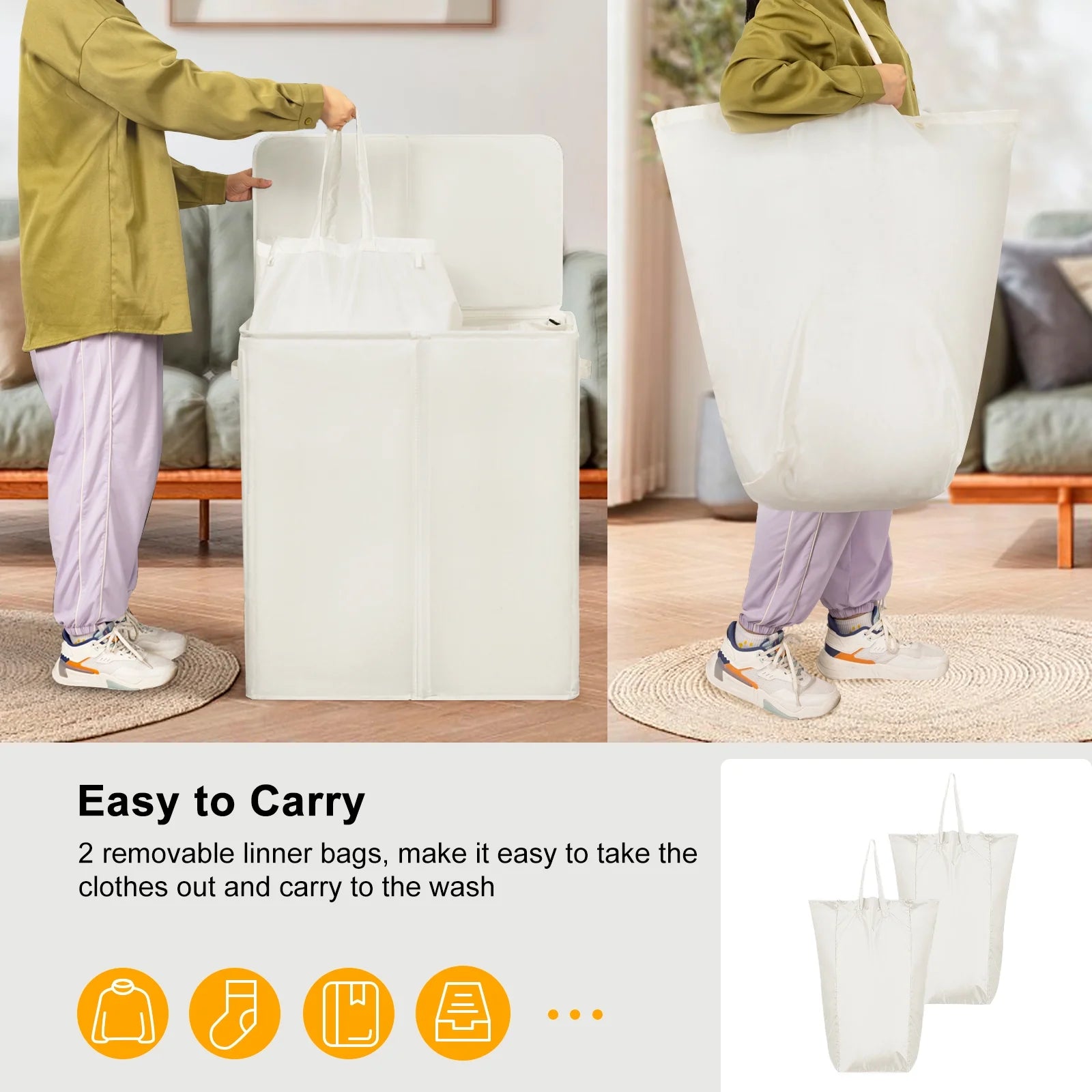 Beige Double Laundry Hamper with Lid and 2 Removable Liner Bags H51593