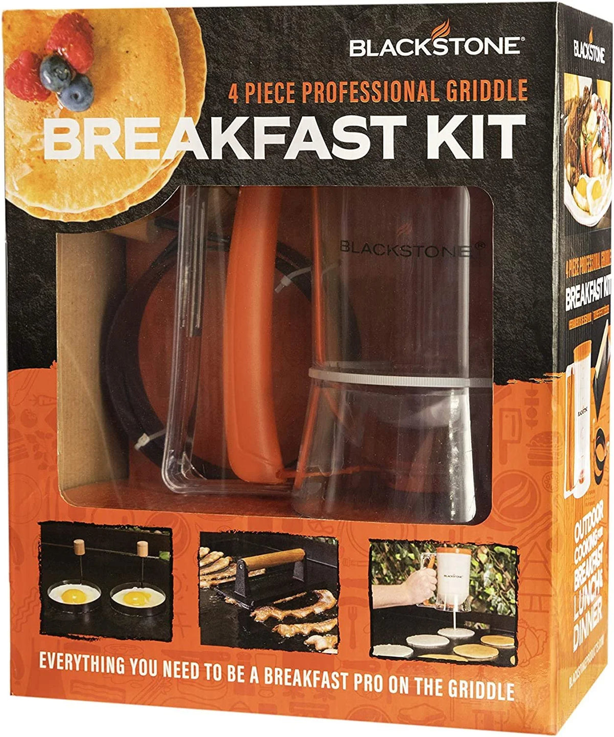 4 Piece Griddle Breakfast Kit with Batter Dispenser, Bacon Press, Egg Rings Y6795