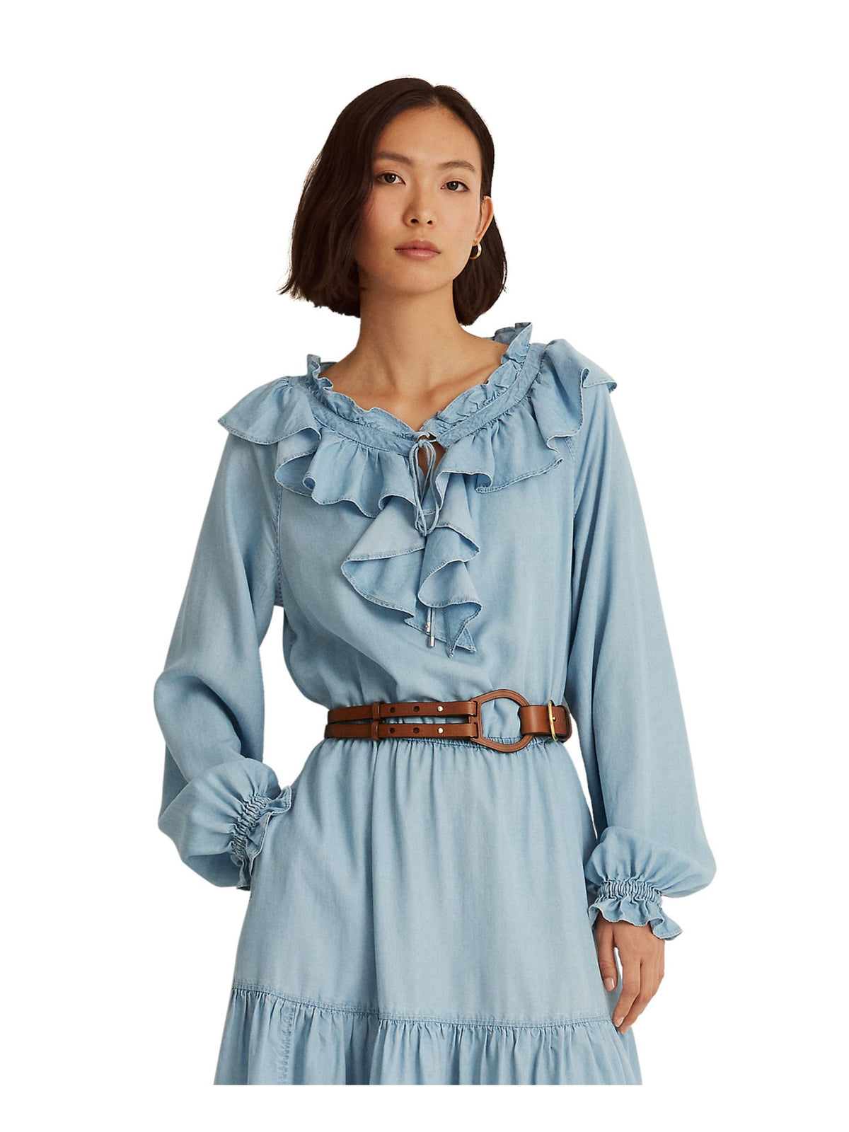 Light Blue Tie Ruffled Blouson Sleeve Dress K8931