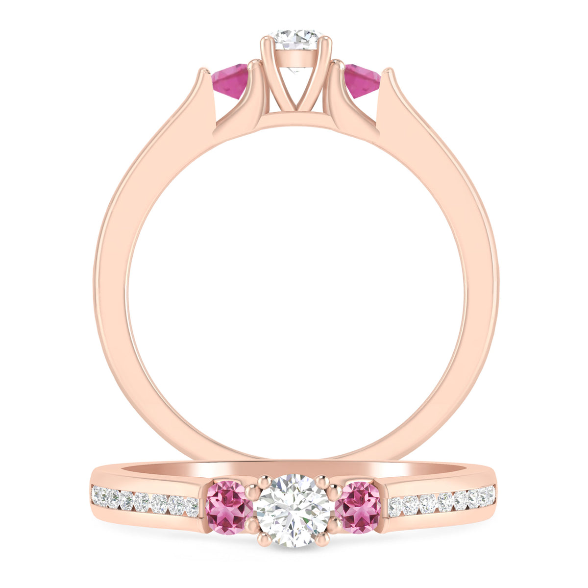 1/2 Carat 10K Rose Gold Diamond and Pink Tourmaline 3 Stone Engagement Ring A55138