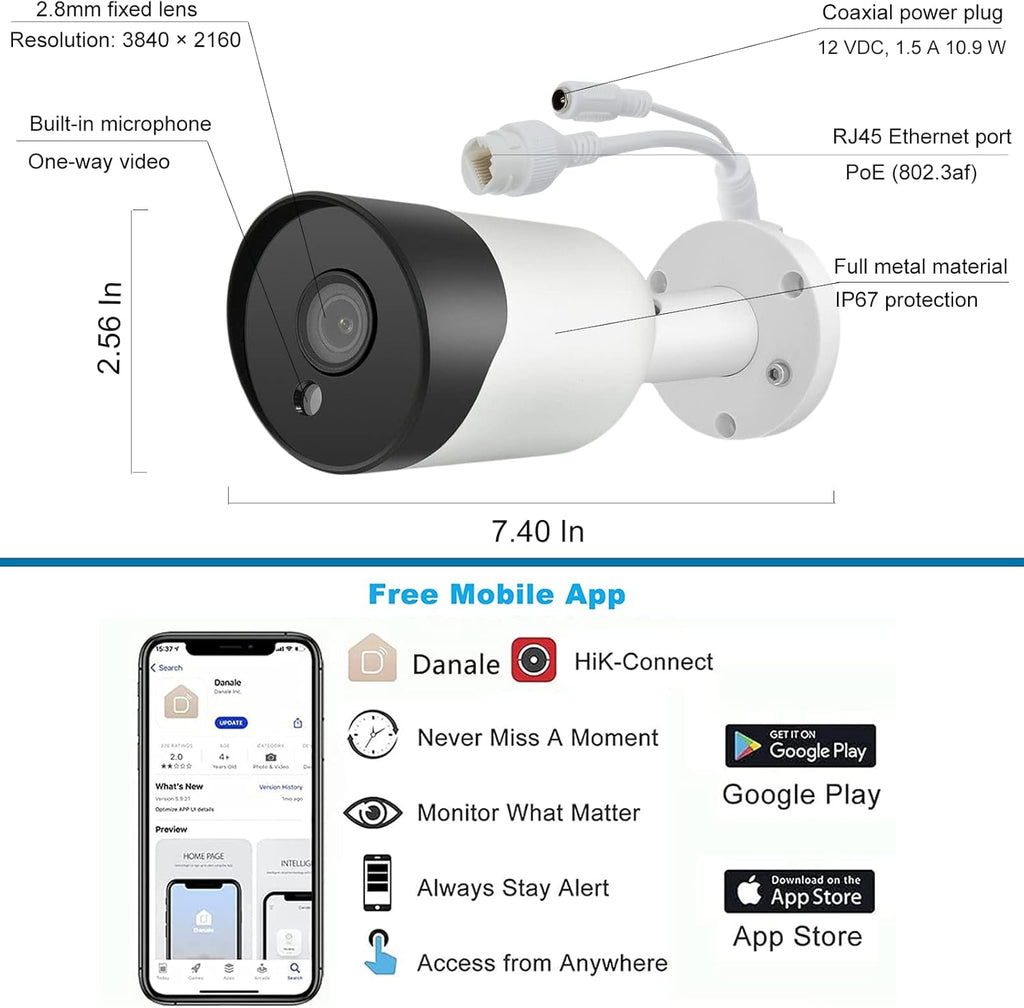 8MP 4K Bullet POE IP Security Camera with Microphone, Night Vision A7931