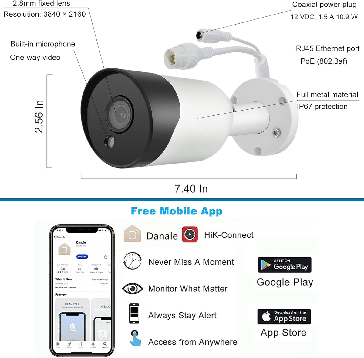 8MP 4K Bullet POE IP Security Camera with Microphone, Night Vision A7931