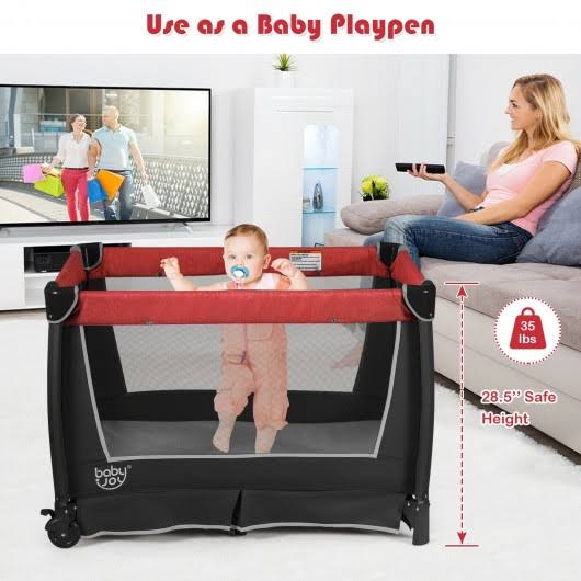 Red 4-in-1 Convertible Portable Baby Play Yard with Toys and Music Player M88218