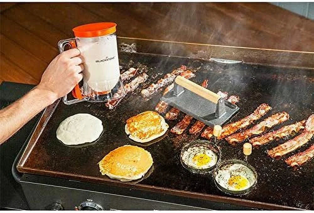 4 Piece Griddle Breakfast Kit with Batter Dispenser, Bacon Press, Egg Rings Y6795