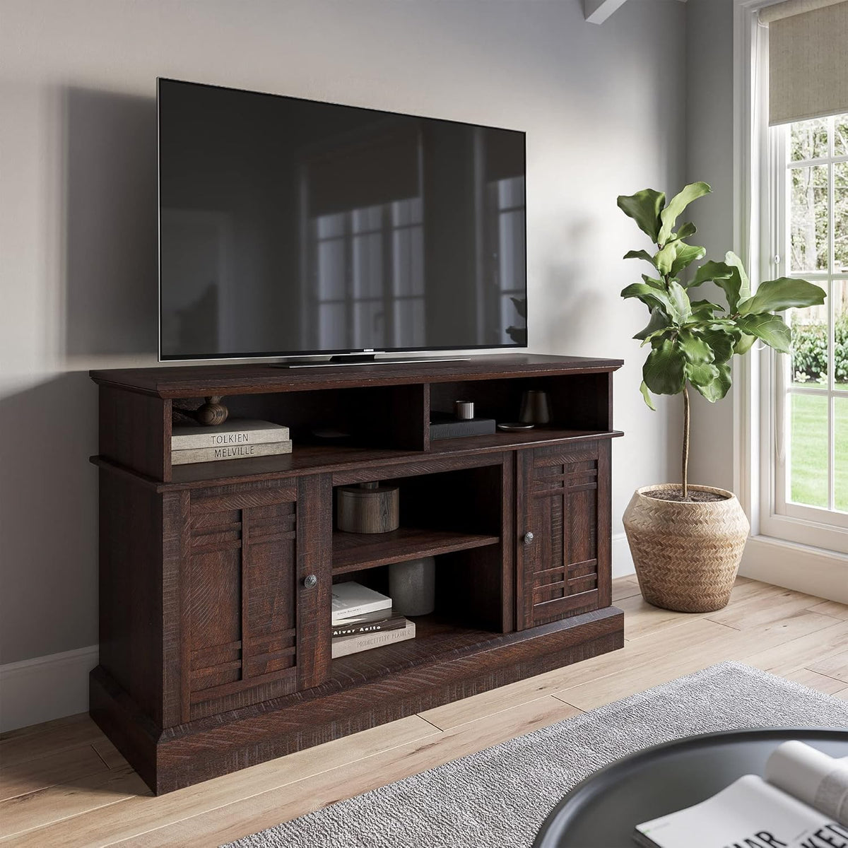 Modern Farmhouse Electric Fireplace TV Stand with Open Storage Shelves & Cabinets U4414