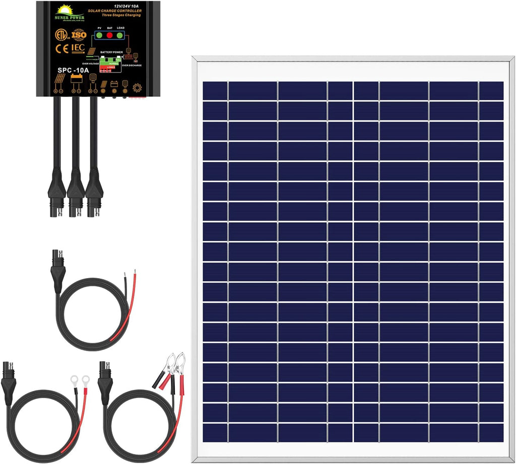 20 Watts Poly Crystalline 12V Solar Panel Kit with 10A Charge Controller and 3-PCS SAE Cable Adapters B60099