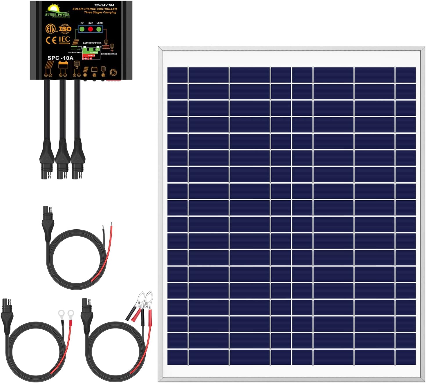 20 Watts Poly Crystalline 12V Solar Panel Kit with 10A Charge Controller and 3-PCS SAE Cable Adapters B60099