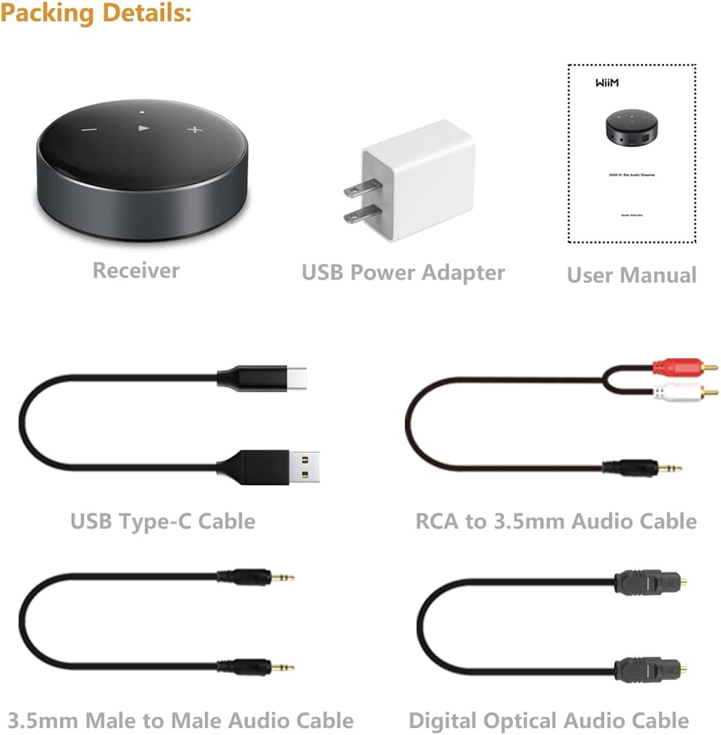 Wiim Mini Airplay 2 Music Streamer WiFi/Bluetooth Wireless Connection, Multiroom/Multizone Stereo Receiver Audio Adapter D8963
