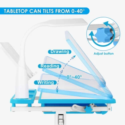 Blue Height Adjustable Kids Study Desk & Chair Set with LED Lamp, Drawer, Bookstand, Chair Cover K52806