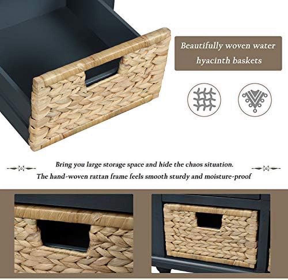 Rustic Bench with 3 Drawers and 3 Rattan Baskets Shoe Bench with Removable Cushion (White) C740