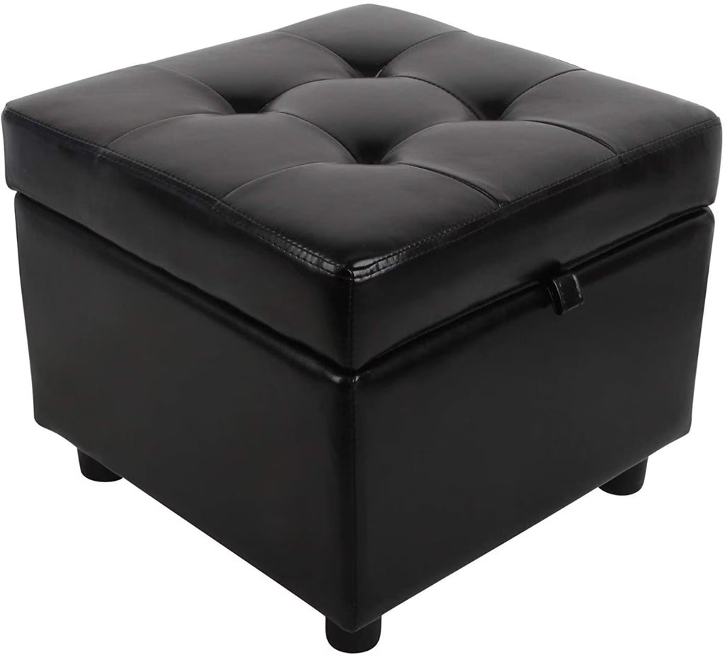 Black Tufted Leather Storage Ottoman Cube Foot Rest H86762