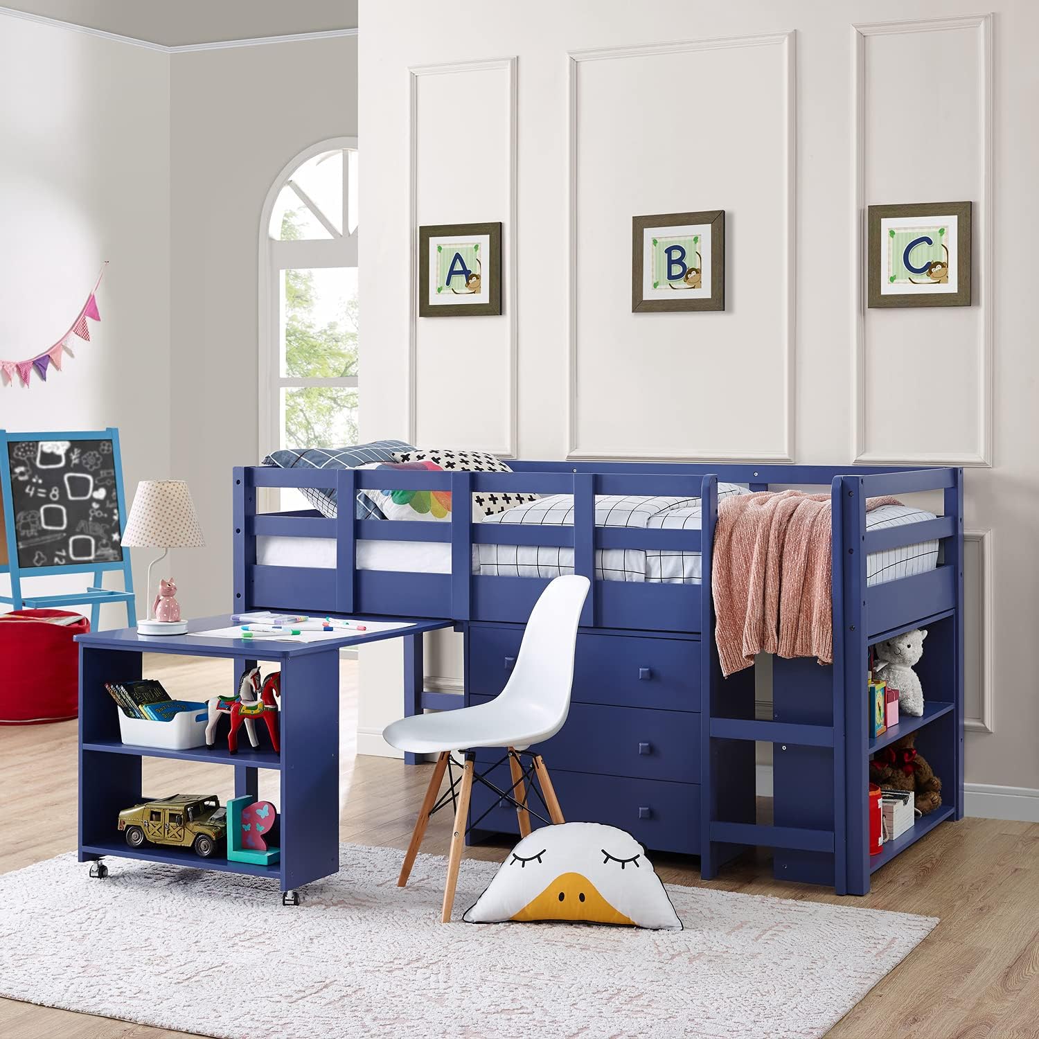Twin Espresso Low Loft Bunk Bed with Ladder and Storage Desk Shelf Bookcase S2873