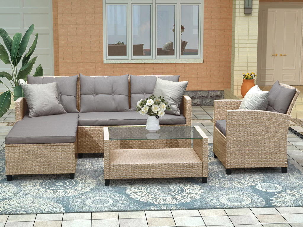 Gray Wicker Sectional Sofa with Seat Cushions P538