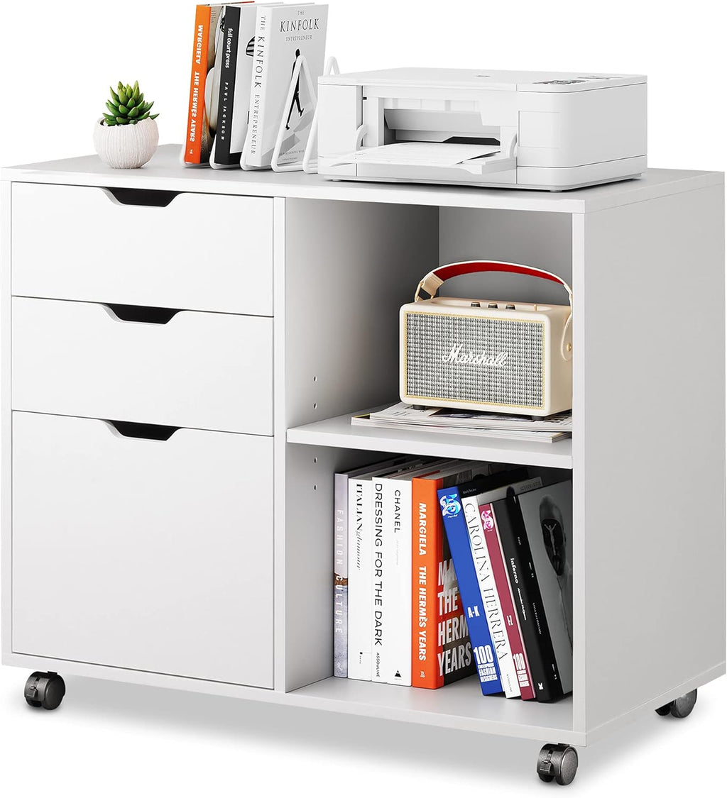 White 3-Drawer Mobile Wood File Cabinet with Open Storage Shelves G861192