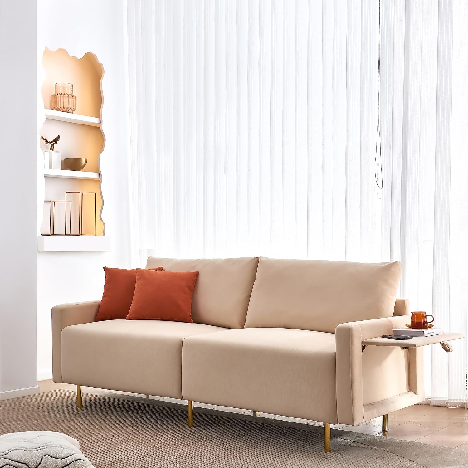 Beige Fabric Loveseat Couch with Removable Tray and Adjustable Metal Legs F620