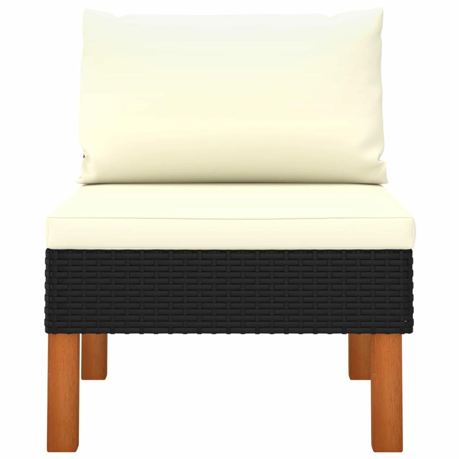 Middle Sofa with Cream White Seat and Back Cushions Black Poly Rattan Eucalyptus Wood Outdoor Sofa F87678