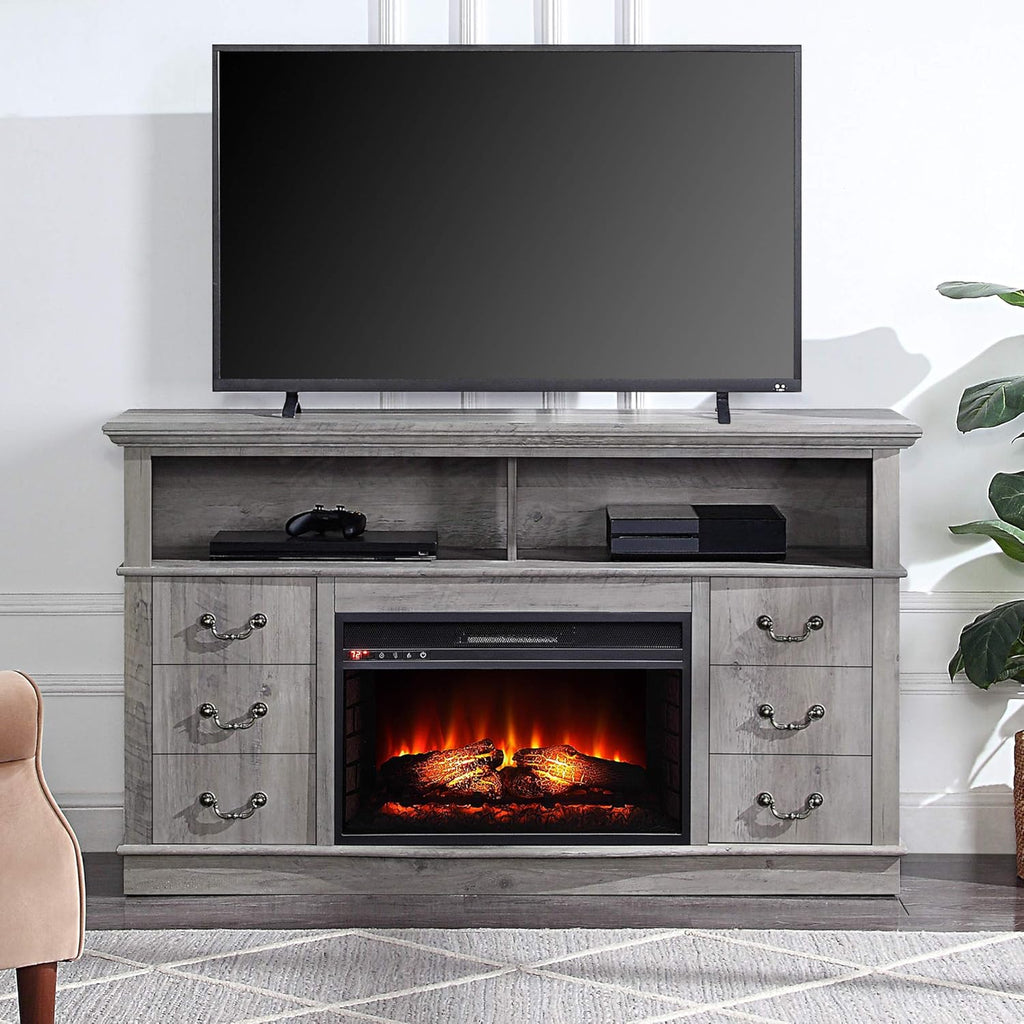 Modern Farmhouse Electric Fireplace TV Stand with Open Storage Shelves & Cabinets U4414