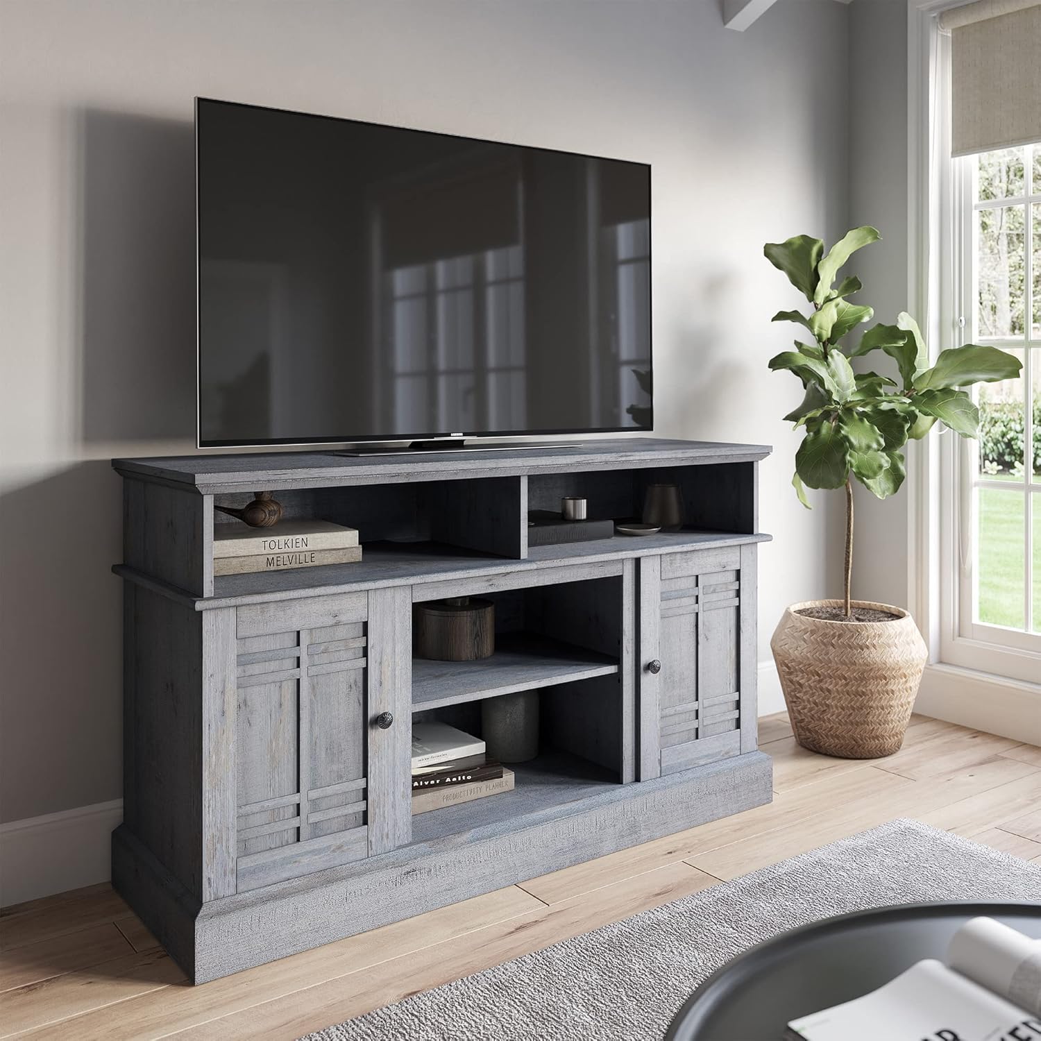Modern Farmhouse Electric Fireplace TV Stand with Open Storage Shelves & Cabinets U4414
