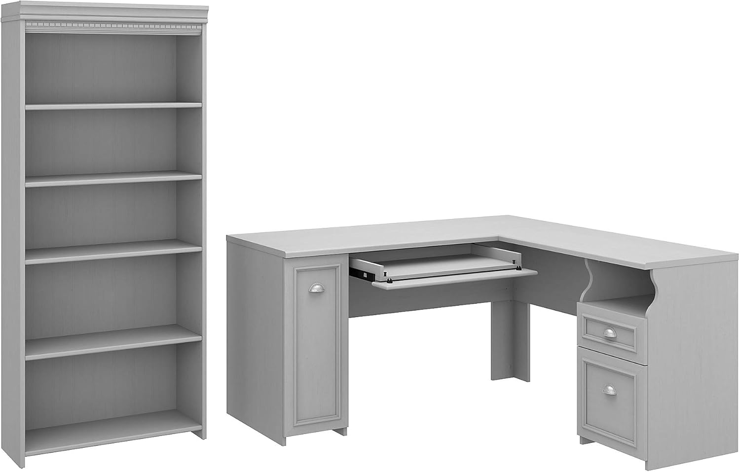 Antique White L Shaped Desk and 5 Shelf Bookcase A1615