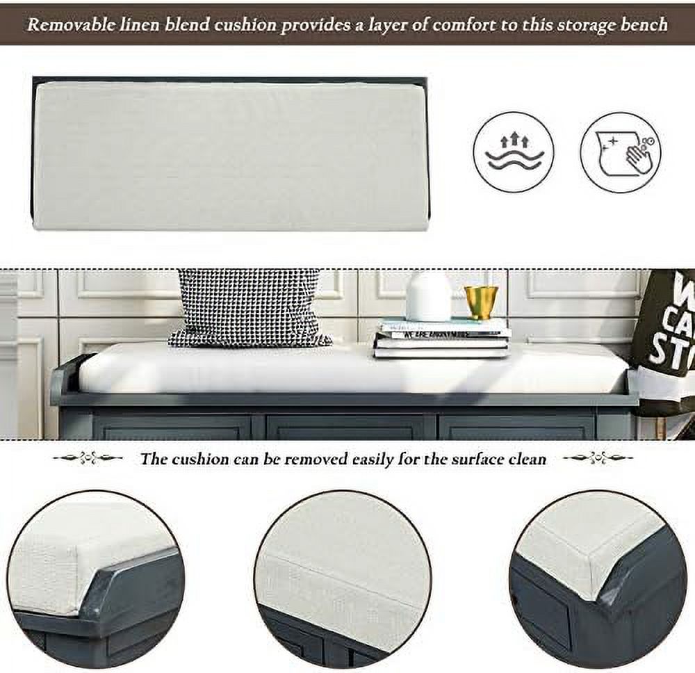 Rustic Bench with 3 Drawers and 3 Rattan Baskets Shoe Bench with Removable Cushion (White) C740