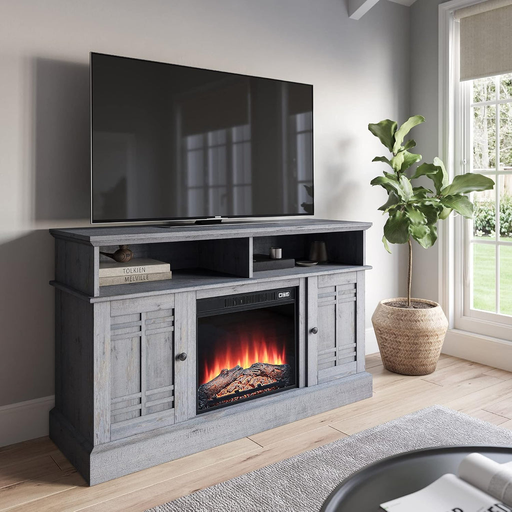 Modern Farmhouse Electric Fireplace TV Stand with Open Storage Shelves & Cabinets U4414