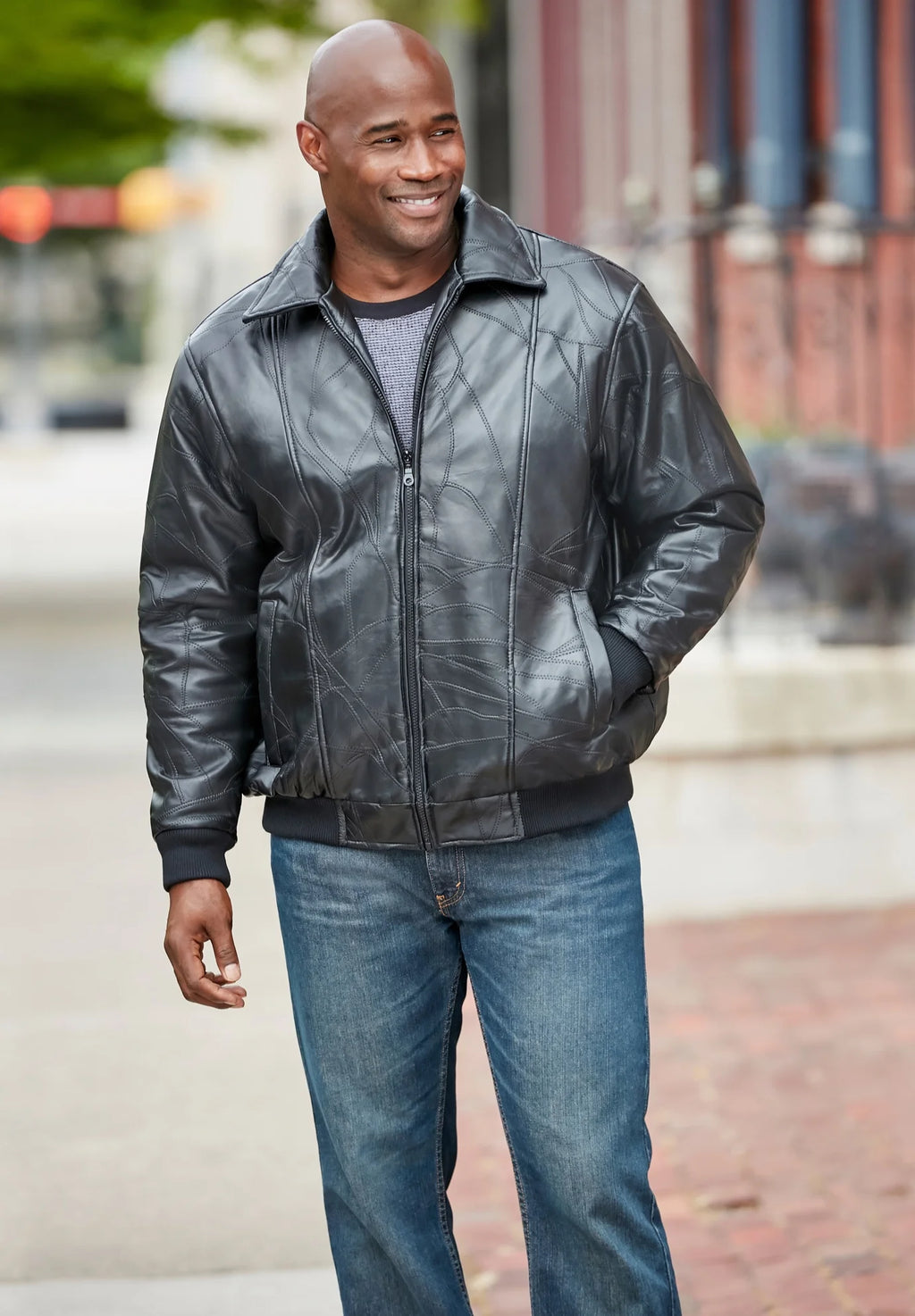 Embossed Leather Bomber Jacket Q38586