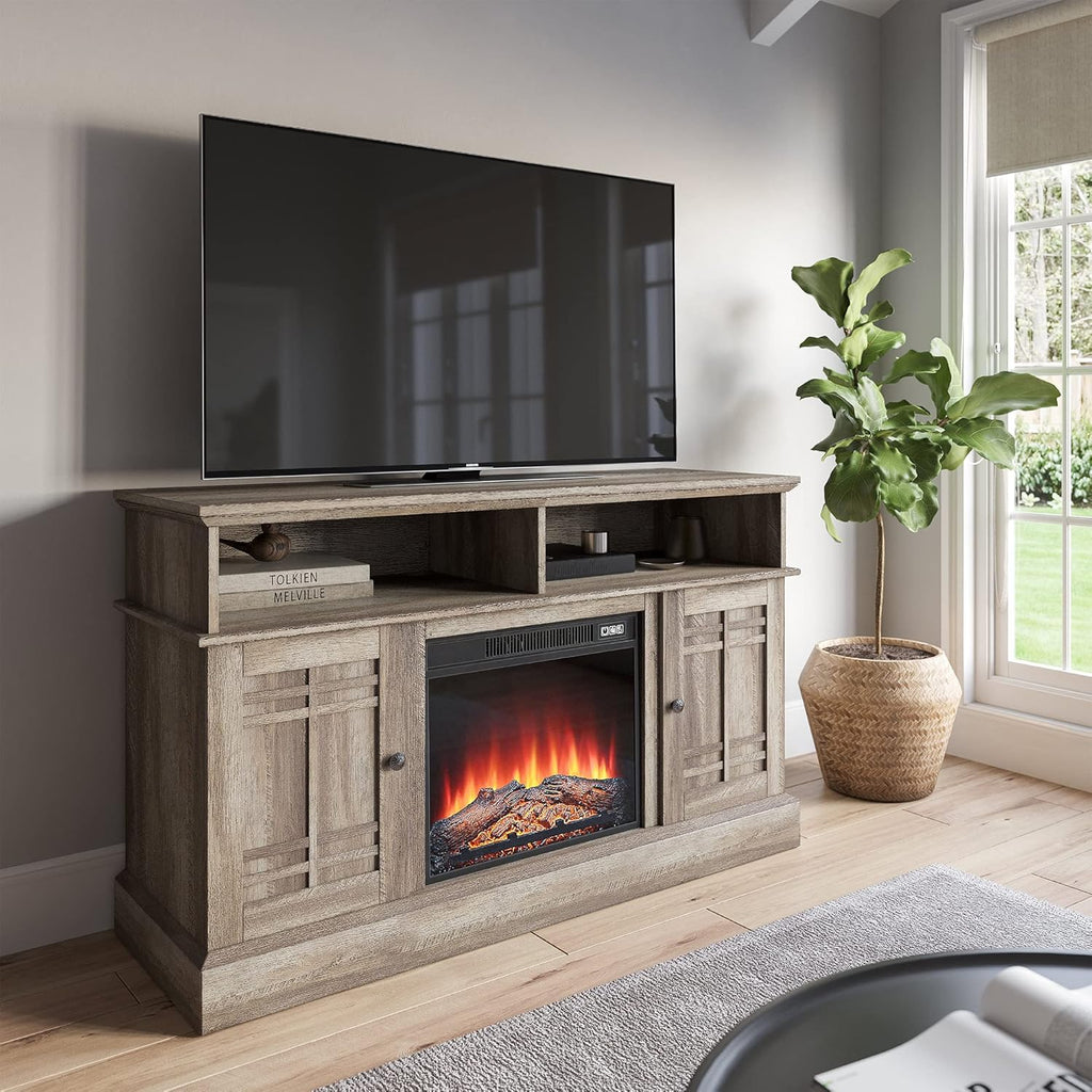 Modern Farmhouse Electric Fireplace TV Stand with Open Storage Shelves & Cabinets U4414