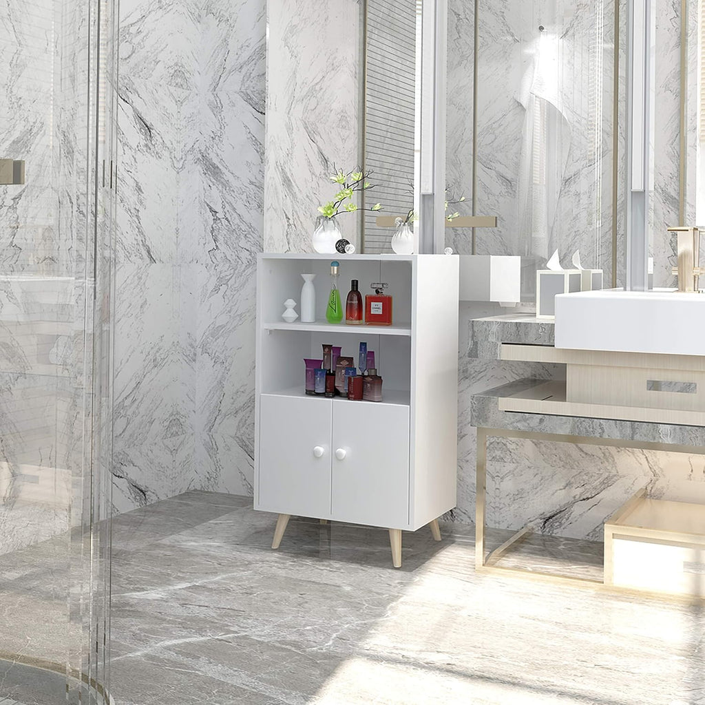 Ivory White Freestanding Bathroom Cabinet with 2 Open Shelves and Doors L85061