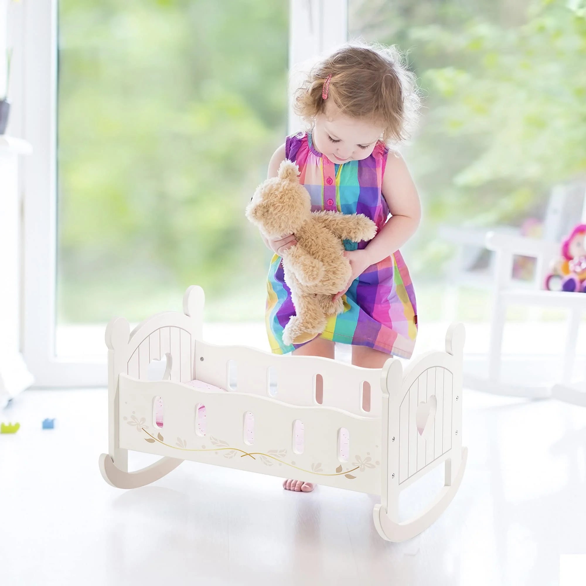 White Wooden Doll Cradle Rocking Doll Bed Q316318