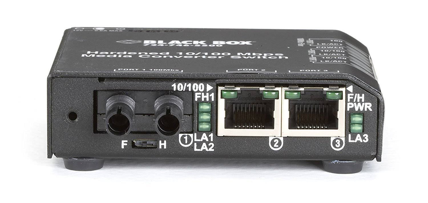 Black Box Hardened Media Converter Switch 12-VDC - RJ-45 to ST Multi-Mode Fiber Media Converter - 100 Mbps I96826