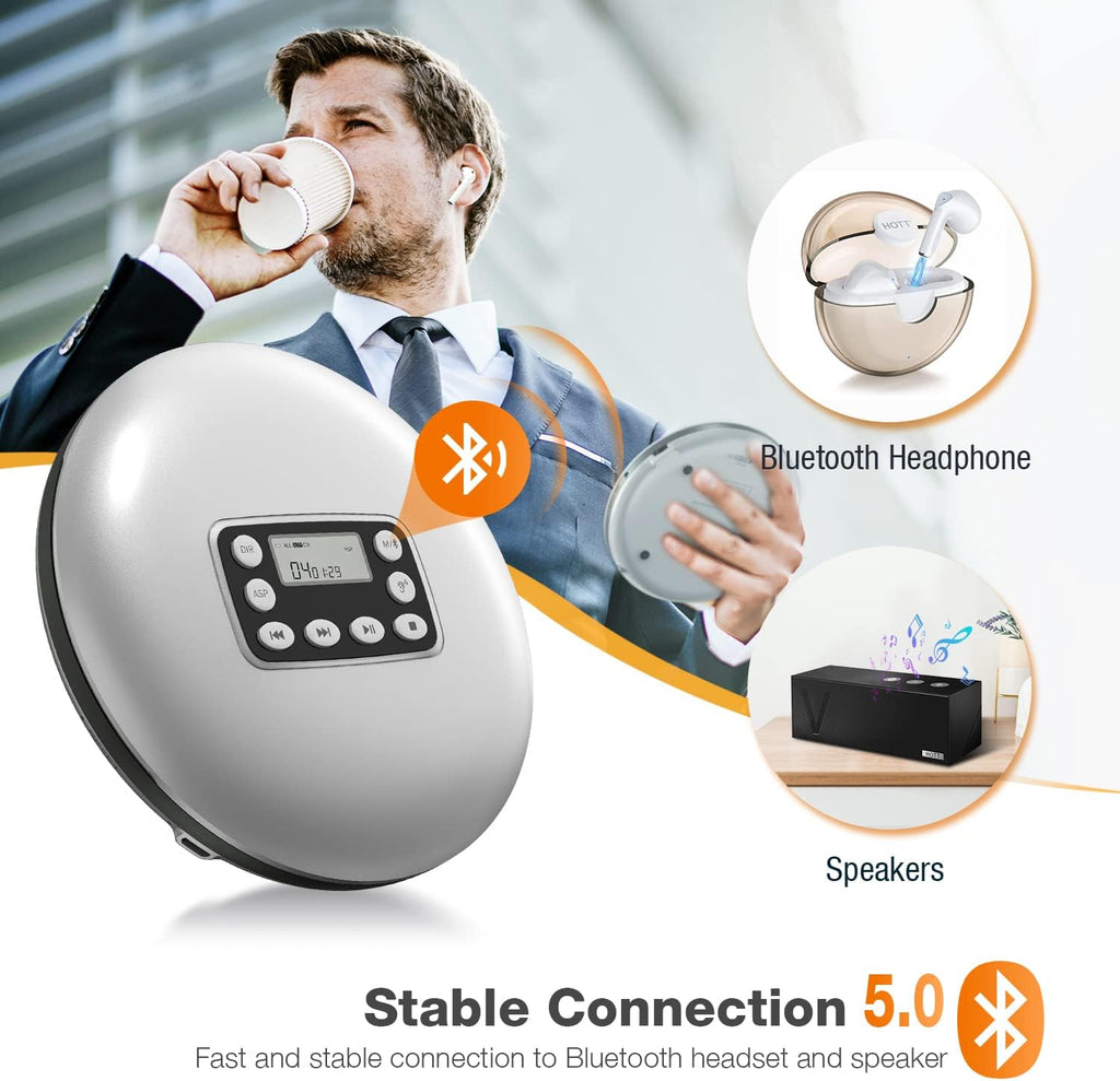 Silver Rechargeable Portable CD Player with Bluetooth V6173