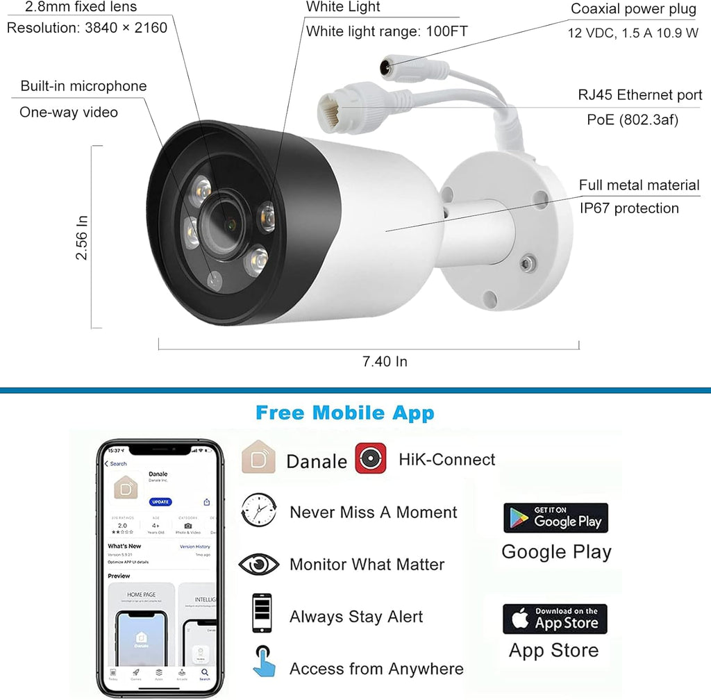 8MP 4K Bullet POE IP Security Camera with Microphone, Night Vision A7931