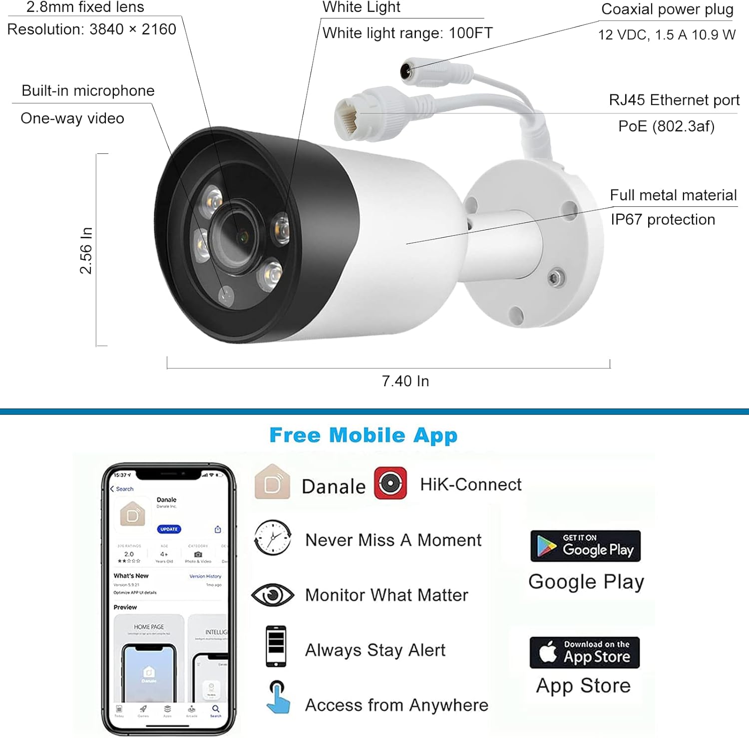 8MP 4K Bullet POE IP Security Camera with Microphone, Night Vision A7931