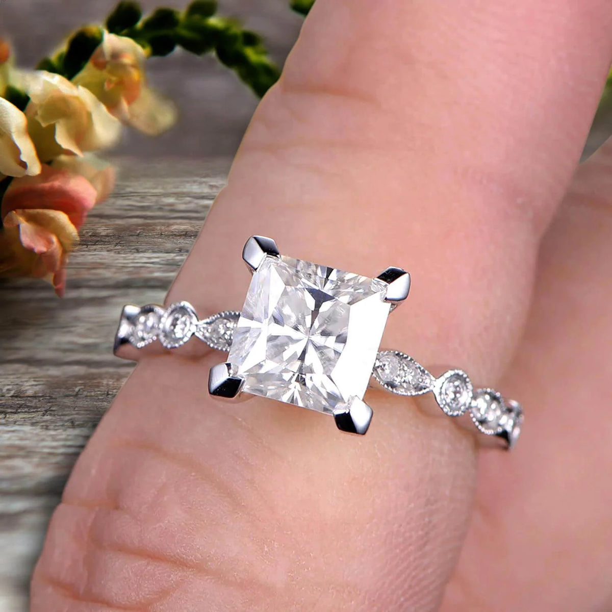 Princess Cut Moissanite Engagement Ring on 10K White Gold N134092