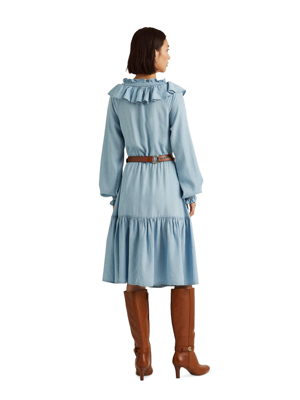 Light Blue Tie Ruffled Blouson Sleeve Dress K8931