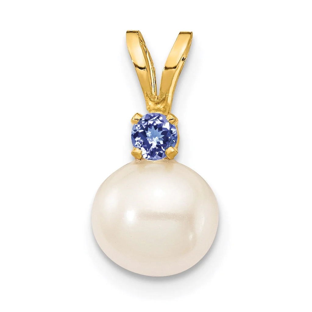14K Yellow Gold Fresh-Water-Cultured Pearl Tanzanite Pendant Charm with Rope Chain Necklace 16'' G908385