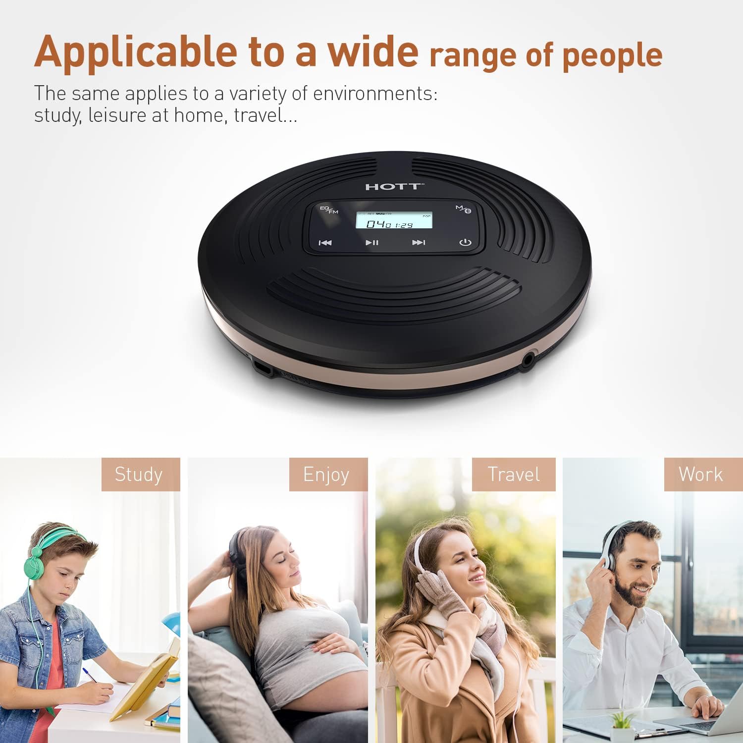 Rechargeable Portable CD Player with Bluetooth, AUX Output, FM Transmitter, Black Z1230
