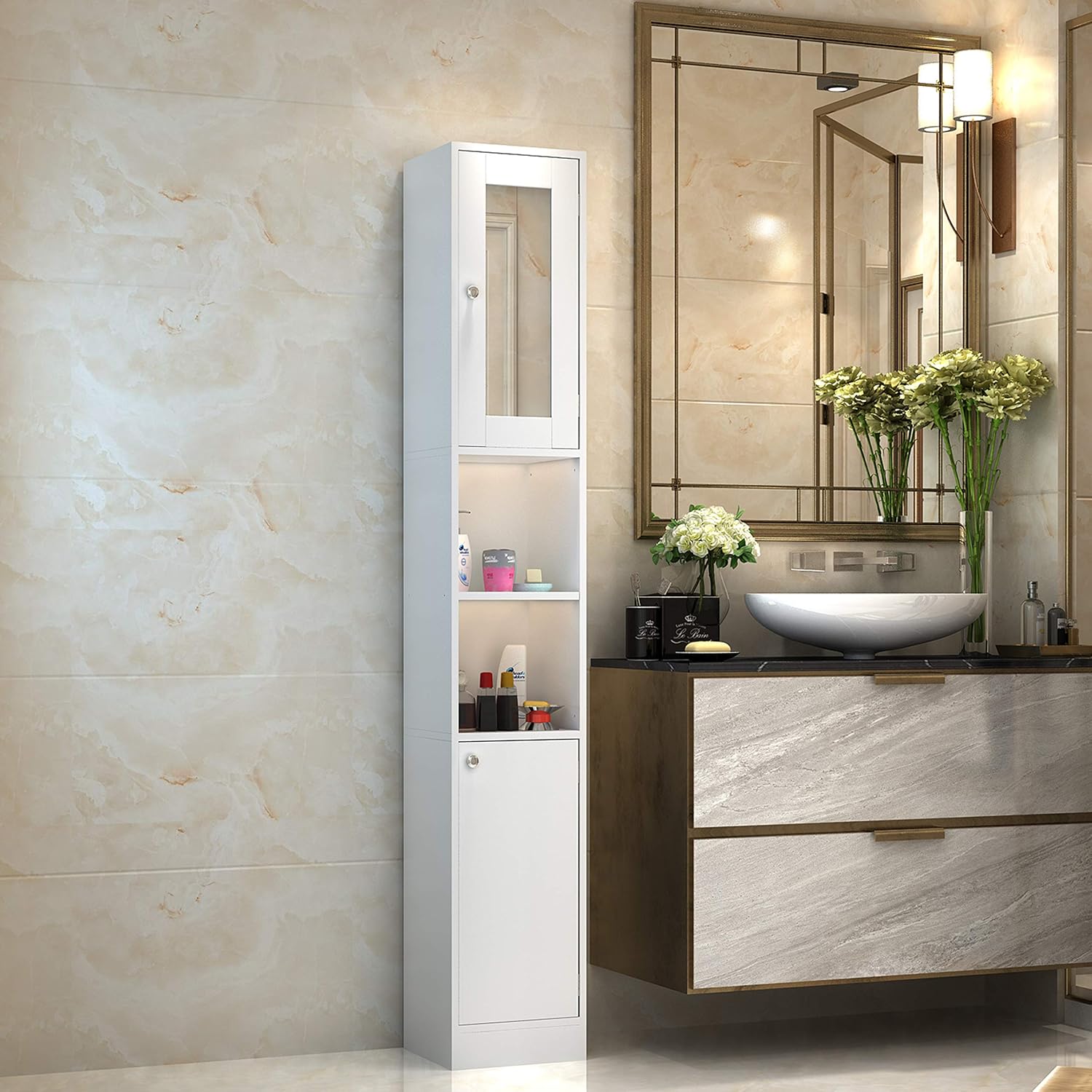Ivory White Freestanding Bathroom Cabinet with 2 Open Shelves and Doors L85061
