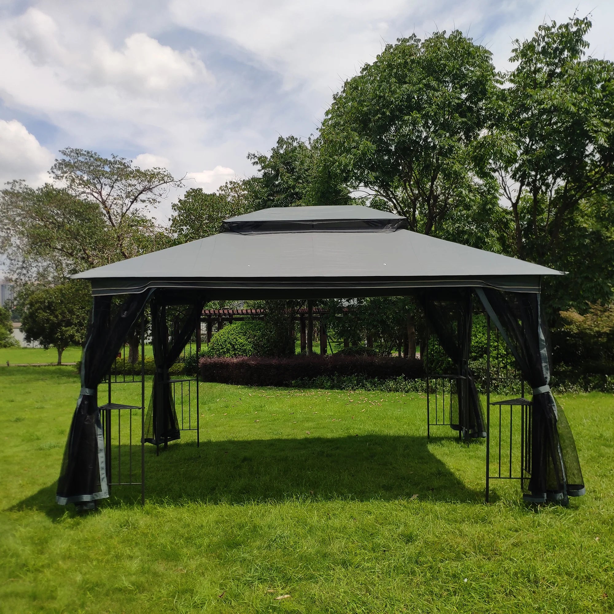 Gray Outdoor Patio Gazebo Canopy Tent with Ventilated Double Roof and Mosquito Net Q1215