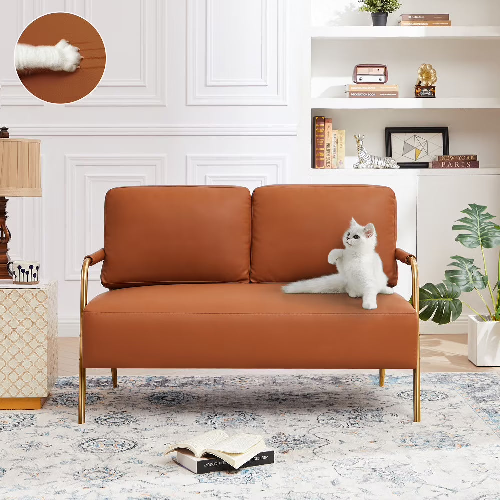 Brown Fabric 2-seater Loveseat Couch with Removable Back Cushion and Metal Leg Q458760