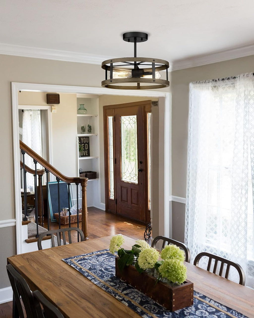 Farmhouse Semi Flush Mount Ceiling Lighting, 2-Light Industrial Metal Cage Ceiling Light, 12.9 inches, Wood and Matte Black Finish K247