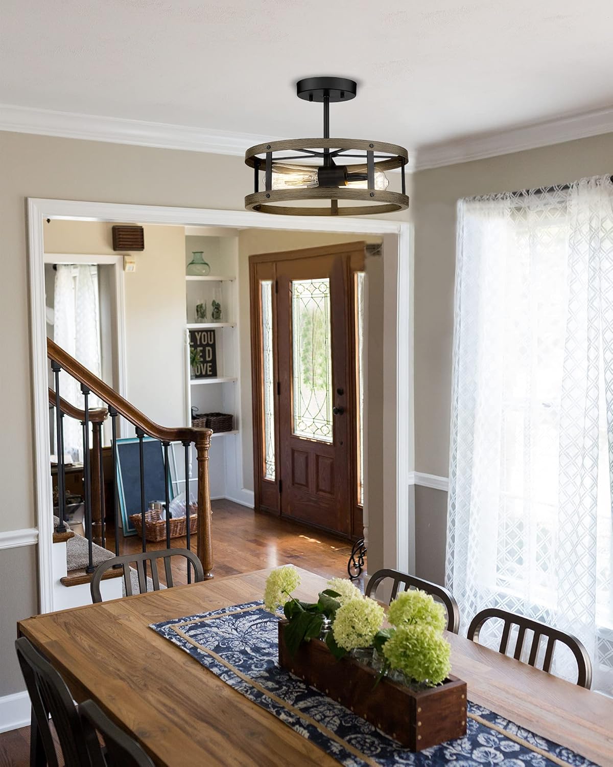 Farmhouse Semi Flush Mount Ceiling Lighting, 2-Light Industrial Metal Cage Ceiling Light, 12.9 inches, Wood and Matte Black Finish K247