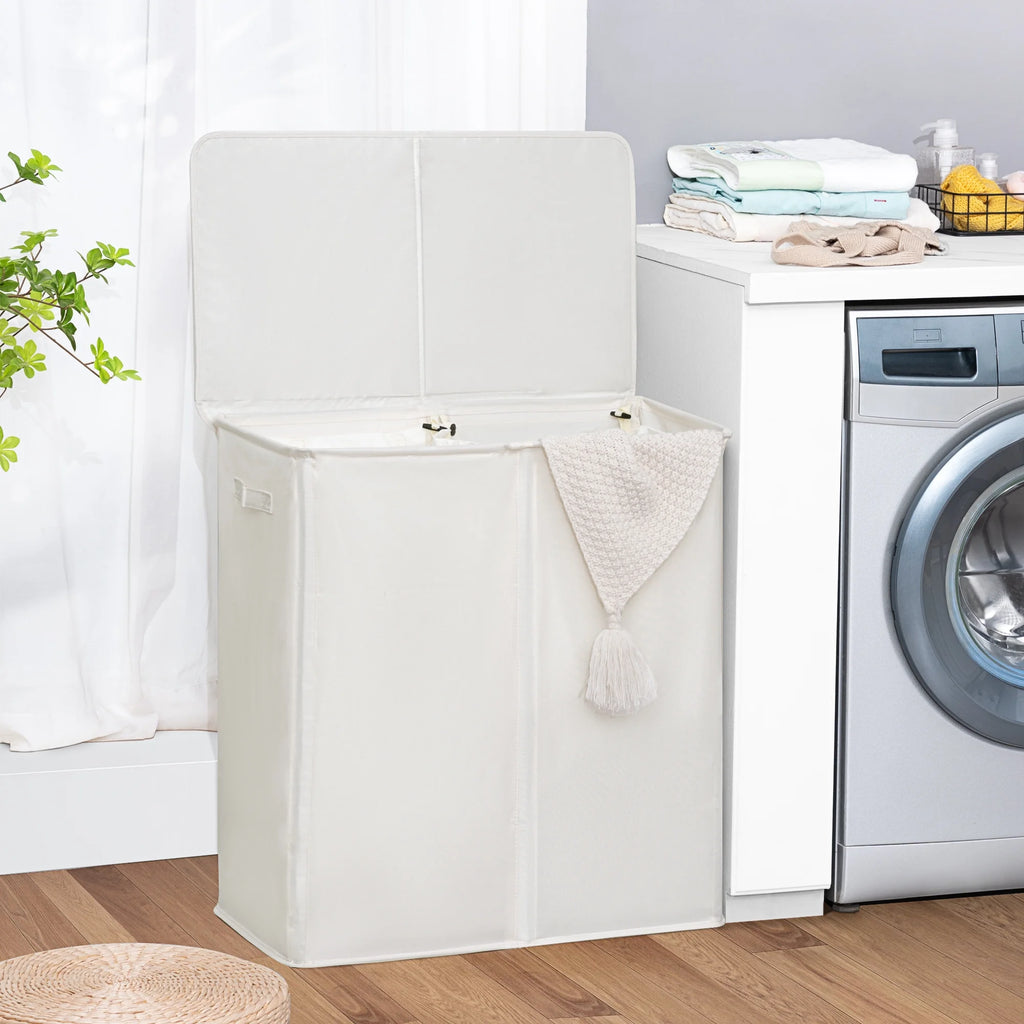 Beige Double Laundry Hamper with Lid and 2 Removable Liner Bags H51593